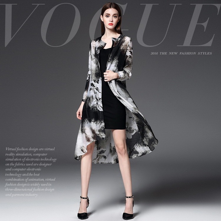 春夏新款 歐美復古 古典水墨印花拼接氣質薄外套