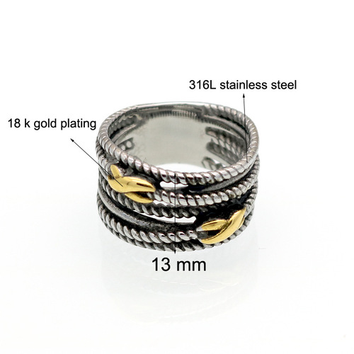 Euro-American Titanium Steel Women's Ring with Twisted Wire Gold Infinite Symbol Retro Finger Ring Wide Version Cross Ring