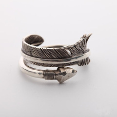 跨境飾品日系男士羽毛戒指開口復古樹葉子箭頭指環高橋同款亞馬遜