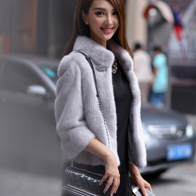 2019秋冬新款海宁修身显瘦立领女短款七分袖仿水貂皮草外套新潮