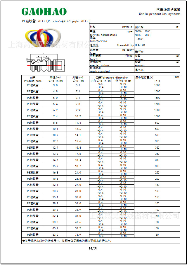 PE阻燃波紋管 70