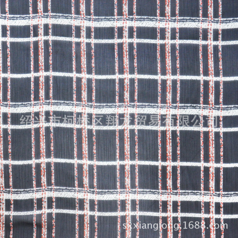 【翔龙印花 XL真丝顺纡绉-17】经典红蓝格纹柔软阳离子雪纺面料
