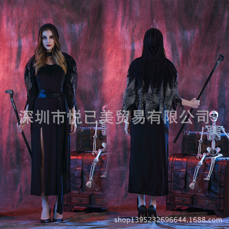 新款黑色长斗篷女巫吸血鬼恶魔服装万圣节角色扮演夺魄勾魂死神服