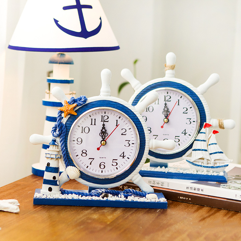 Mediterranean Sailing Helmsman's Clock Living Room Decoration Table Clock Bedroom Creative Wooden Clock Nautical Style Ornaments