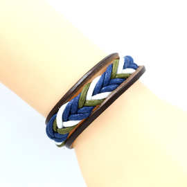 速卖通热销手饰 彩色编织绳手链多层手工编织皮手环 男女真皮手绳