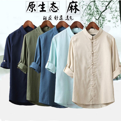 2021 new pattern man Flax shirt Chinese style Retro Cotton and hemp frog Three Quarter Sleeve shirt Men&#39;s Wholesale