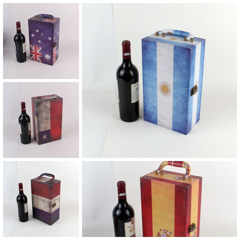 新款现货国旗双支手提红酒盒皮质双支红酒包装盒红酒礼品盒批发