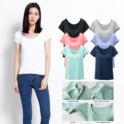 批發外貿女無鋼圈免穿帶文胸墊罩杯壹體bar-T半袖精棉