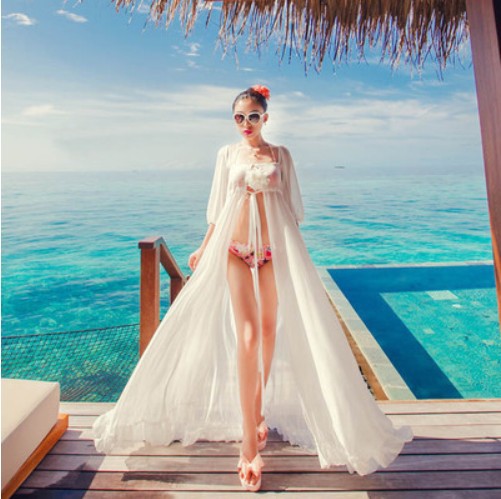 Queen Drive to Maldives on vacation sexy Chiffon Cardigan longuette Sandy beach Bikini Smock Maxi dress