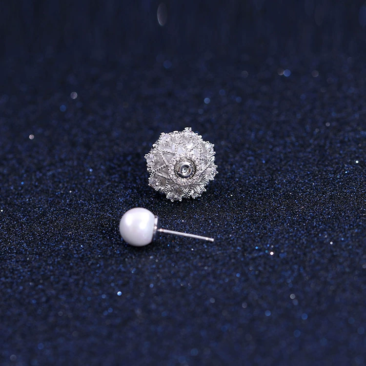  серебряная игла из жемчуга, двусторонние серьги, цирконий, проба серебро 925, корейский стиль, простой и элегантный дизайн, микро инкрустация