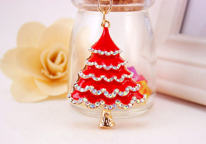 38g Weight Alloy, Metal Material Flower Pattern Unisex Gender Red, Green, Black Color Korean Oil Crafts Diamond-studded Christmas Tree Car Metal Pendant Bag Key Chain 9