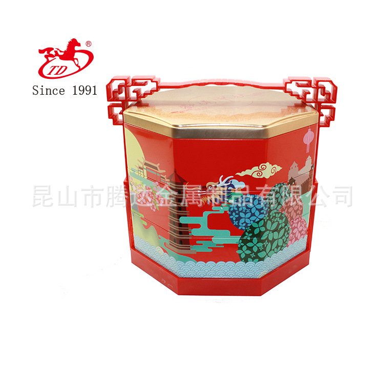 新款三层八角手提式月饼铁盒 提篮式铁盒 月饼包装铁盒