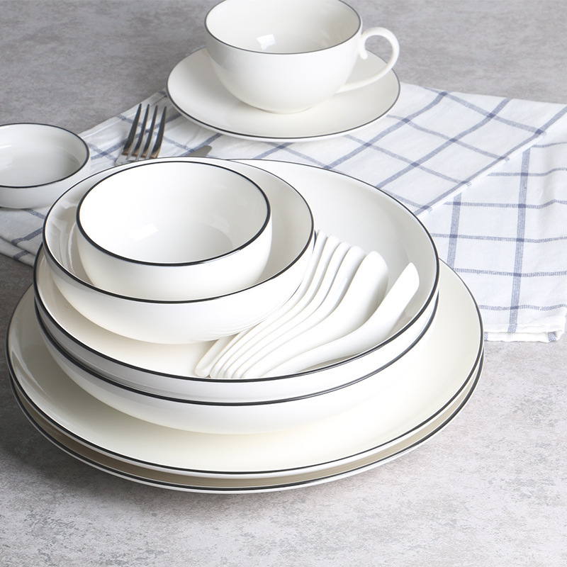 Western-style ceramic black line bowl and plate modern simple Western food steak plate Western food tableware denby bowl and plate set