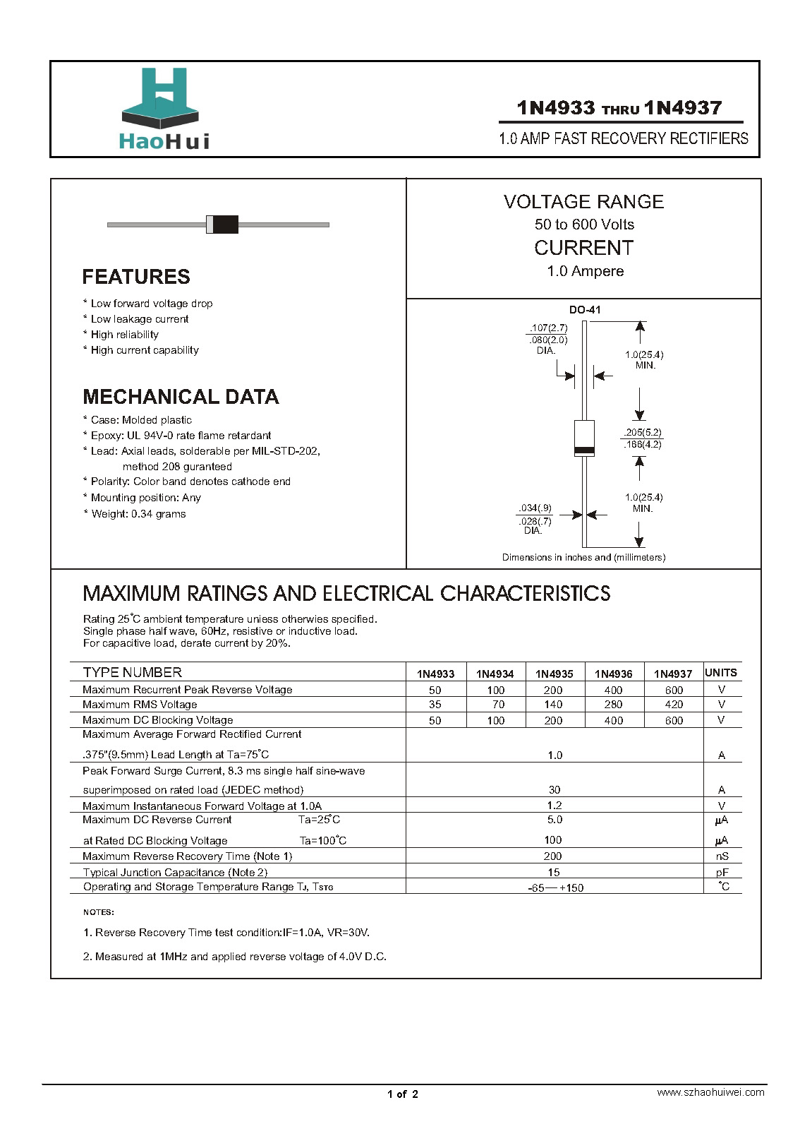 厂家热销直插1N4937   DO-41快恢复二极管绿色环保