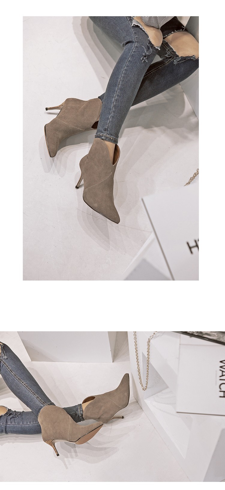 韩版尖头高跟短靴女真皮裸靴秋冬短筒靴子及踝靴冬季细跟高跟鞋_