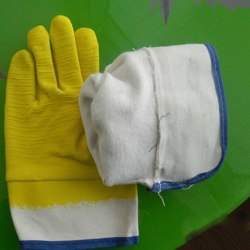 黄色安全袖乳胶皱纹劳保防护手套