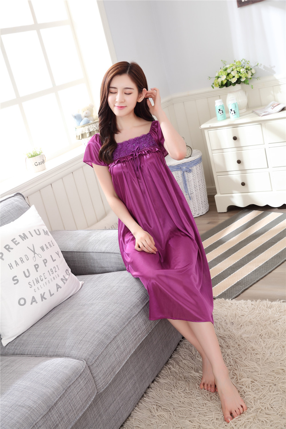 Women Sleepwear Pajamas Long Skirt Silk Comfortable Wear 4 Colour