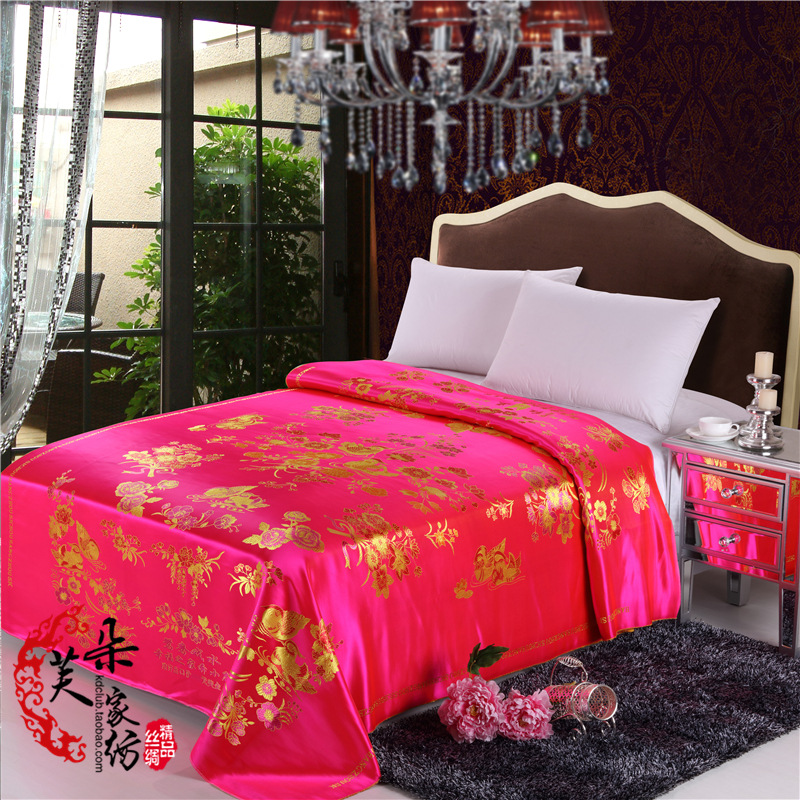 全花牡丹杭州丝绸缎子被面子 真丝软缎七彩织锦缎结婚庆喜被批发