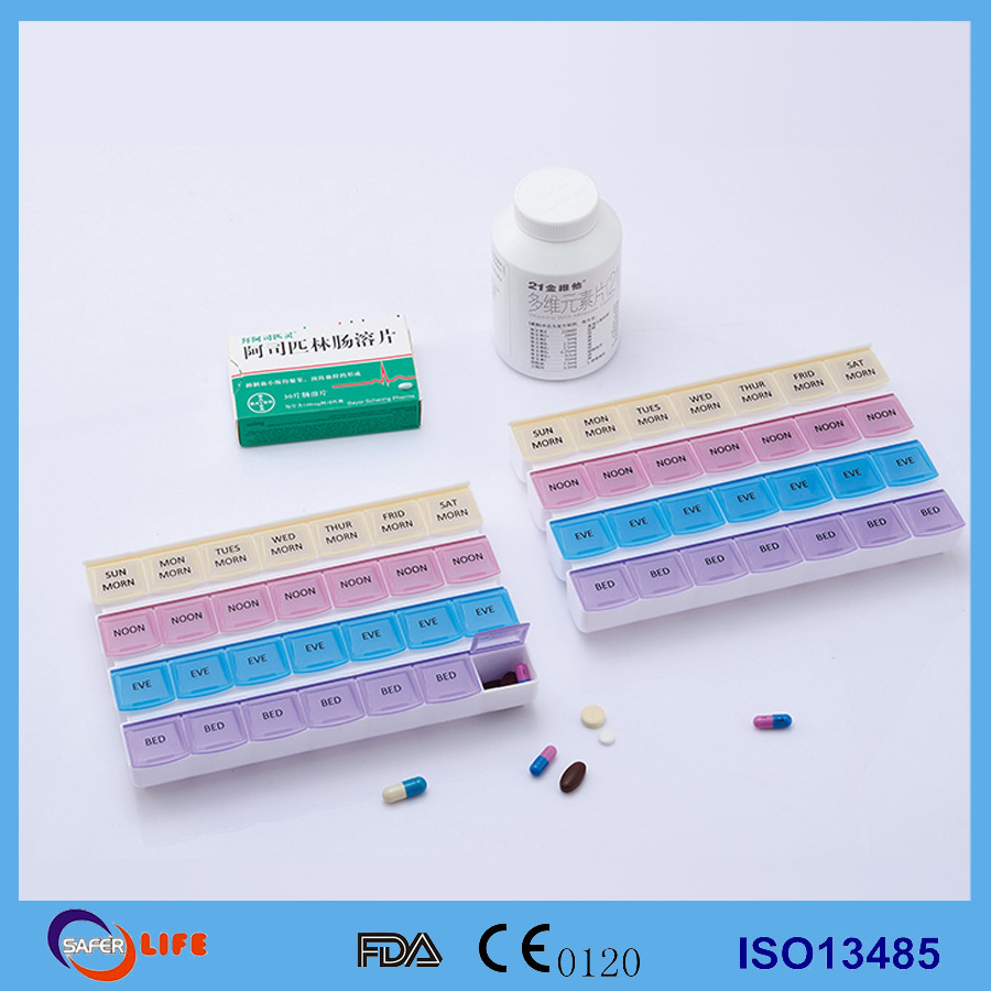 促销礼品 高质量环保食品级PP一周4排28格药盒 家庭保健品收纳盒