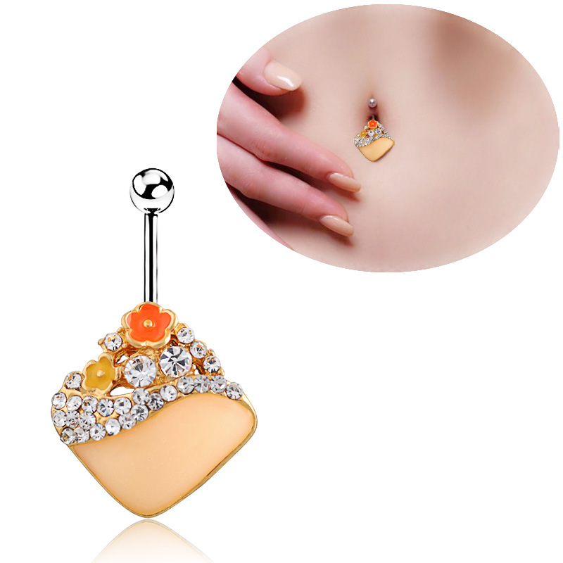 Piercing Jewelry Korean Flower Dripping Oil Diamond Square Belly Button Ring display picture 2