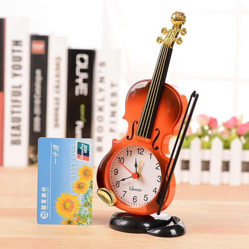 Simulated violin alarm clock, creative musical instrument shape desktop clock, living room plastic ornaments, student desk clock