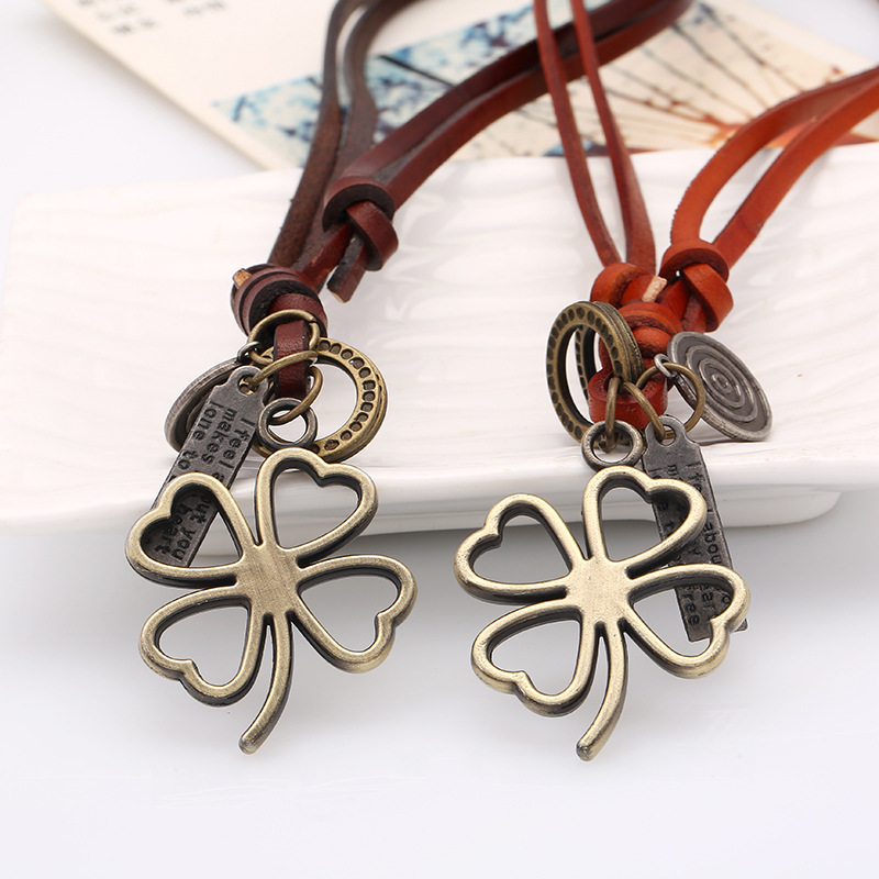 Vintage leather rope necklace womenu0027s long sweater chain alloy grass cowhide necklace