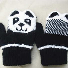 小孩手套针织冬季儿童毛线羊绒可爱熊猫针织创意手套厂家批发