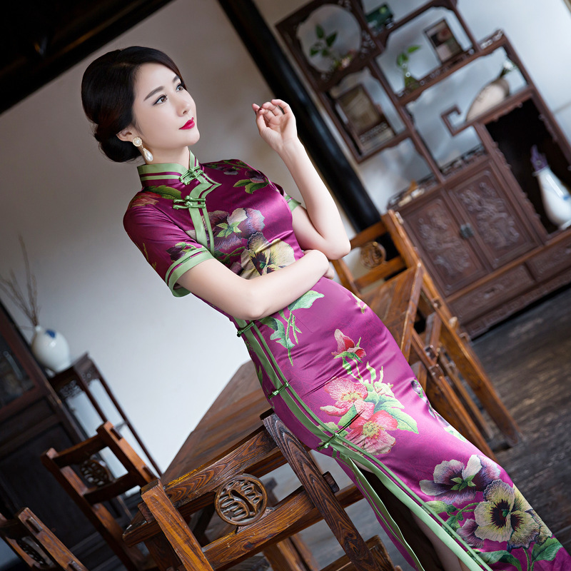 Purple floral Long Chinese dress oriental qipao dresses cheongsam Improved  stage performance cheongsam dress fashion slim model show dresses