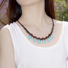 波西米亚风格饰品批发棉麻服装配饰编制仿松石项链