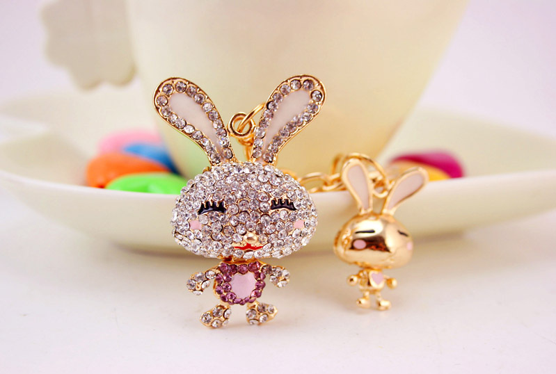 35g Weight Alloy, Metal Material Rabbit Pattern Unisex Gender Pink, Purple, Red, Blue, Peach Color Korean Creative Cute Diamond Cartoon Bunny Car Keychain 10