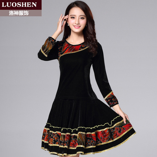 Luoshen autumn and winter new square dance costume suit women's gold velvet long-sleeved top performance dance costume skirt