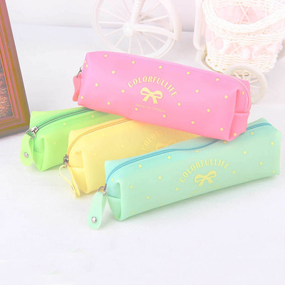 新款韩版卡通蝴蝶结笔袋 果冻学生简约时尚大容量糖果色铅笔盒