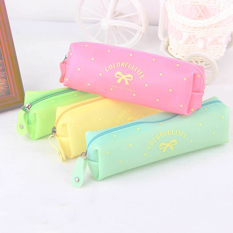 新款韩版卡通蝴蝶结笔袋 果冻学生简约时尚大容量糖果色铅笔盒