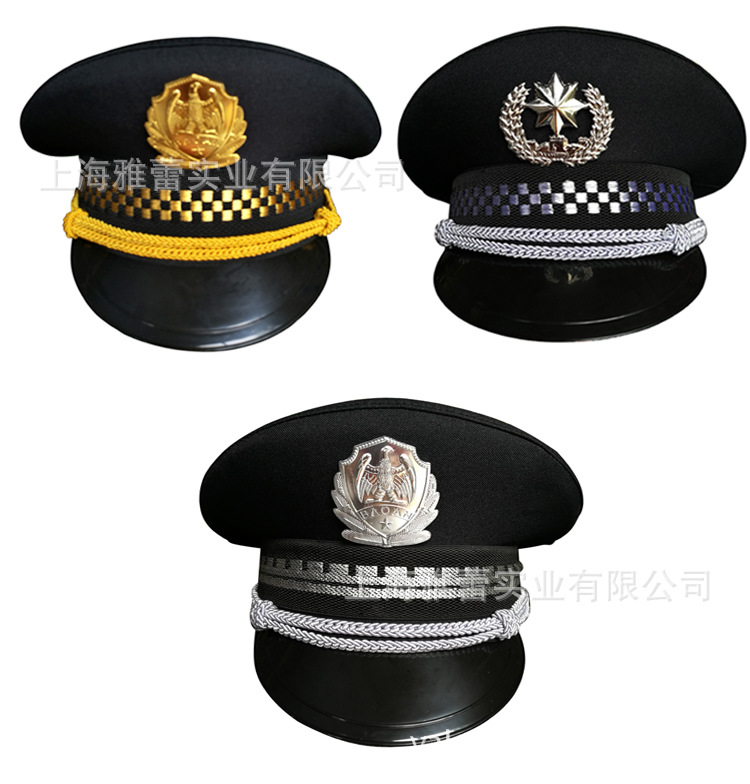 帽子工廠現貨黑色大蓋帽方格保安帽大檐帽子帶帽徽大蓋帽子定制