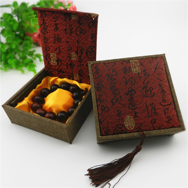 厂家仿木手链手串盒子批发2.0佛珠礼品盒首饰盒书法麻布锦盒
