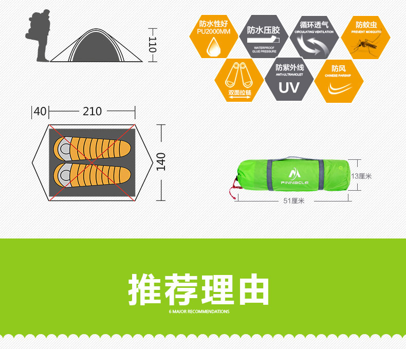 Wholesale pinnacle double outdoor rainstorm tent 2-3 camping aluminum pole glass pole type