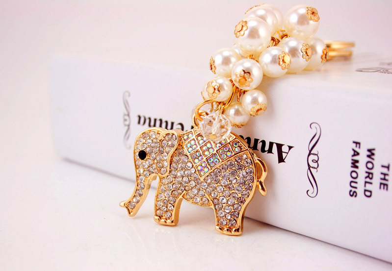50g Weight Alloy, Metal Material Animal Pattern Unisex Gender White Color Pearl Elephant Keychain 2