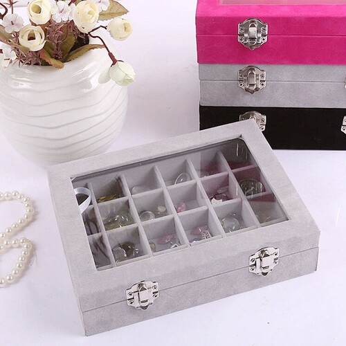 Famous silver double clasp small jewelry box, jewelry box, ring box, earring box, display storage box, 24-compartment box