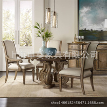 全实木美式乡村圆形餐桌简约仿古复古做旧4人座圆桌餐桌椅组合