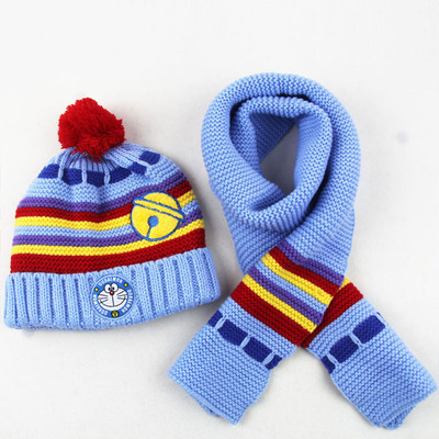 哆啦A梦儿童帽子围巾两件套装机器猫秋冬季针织毛线围巾帽子男童