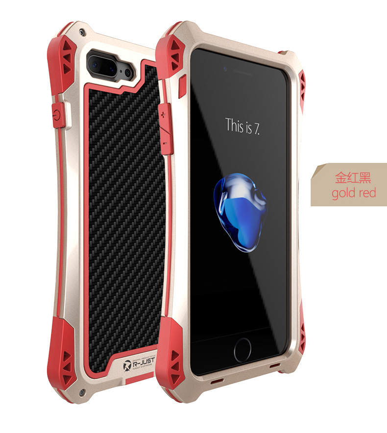 R-Just Amira Heavy Duty Dirtproof Shockproof Rainproof Aluminum Metal Bumper Carbon Fiber Back Cover Case for Apple iPhone 7