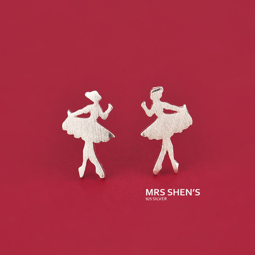 Silver earrings 925 silver needle little girl dancing ballet Christmas sweet brushed mini earrings for women