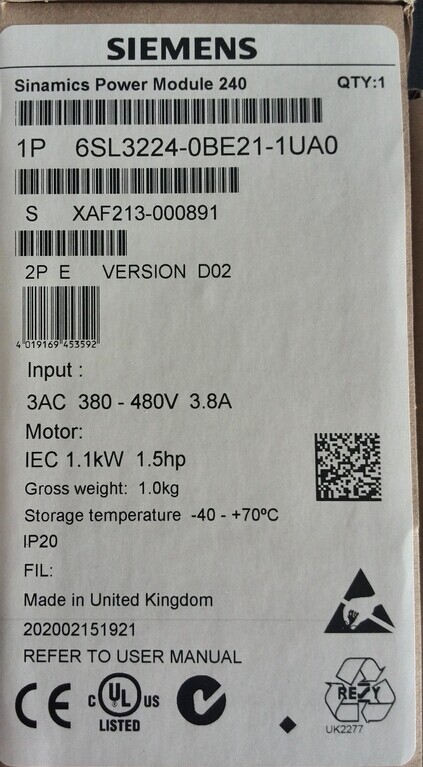 西门子G120功率模块1.1KW 全新原装正品 6SL3224-0BE21-1UA0