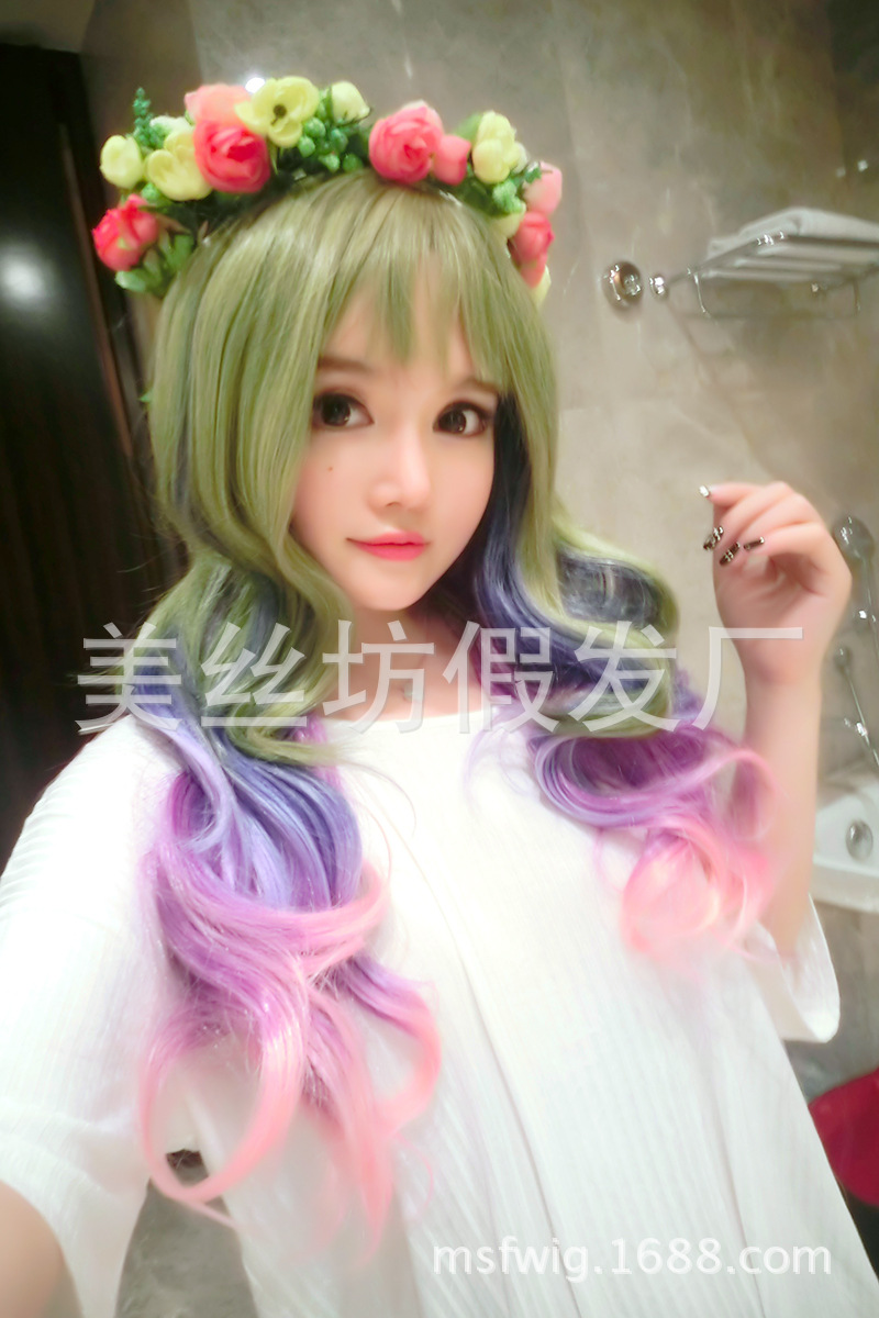 假发原宿假发空气刘海多色渐变甜美可爱型长卷发欧美款一件代发|ru