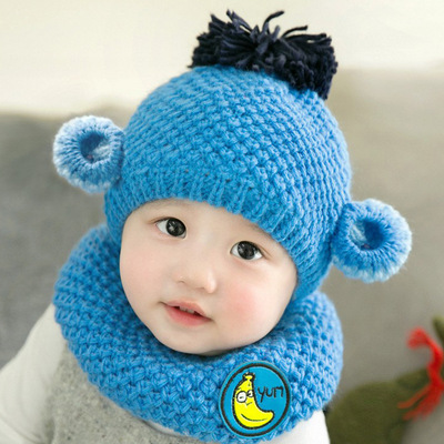 冬季新款嬰兒童帽小猴子寶寶潮品護耳保暖毛線帽兩件套裝