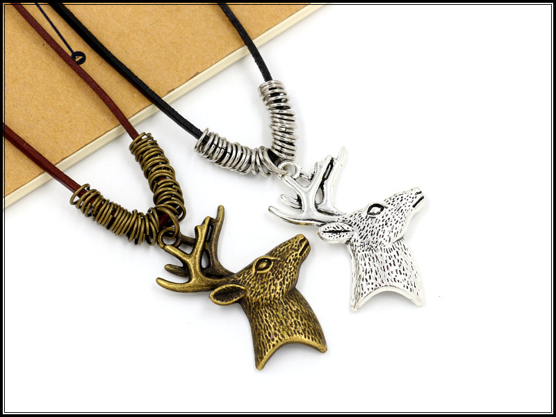 Deer Head Pendant Necklace Vintage Antlers Long Cowhide Rope Knitted Sweater Chain Wholesale display picture 6