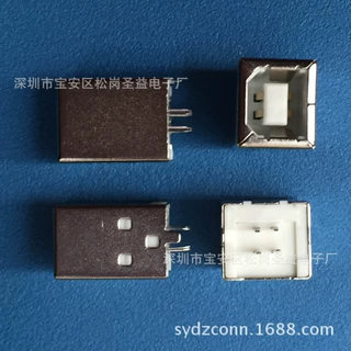 USB BF-母座 180度焊线式白胶 usb B母焊线铜壳+接地线脚
