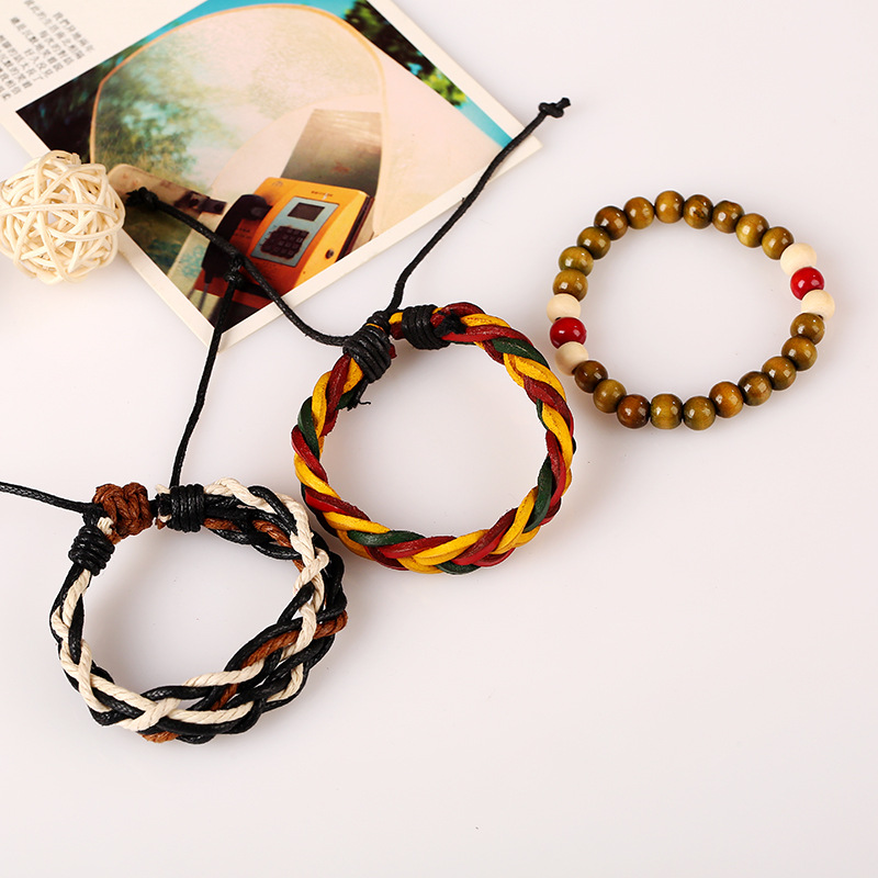 Men's Red Yellow Green Woven Leather Bracelet Leather Jewelry Hip Hop Hiphop Hip-hop display picture 3