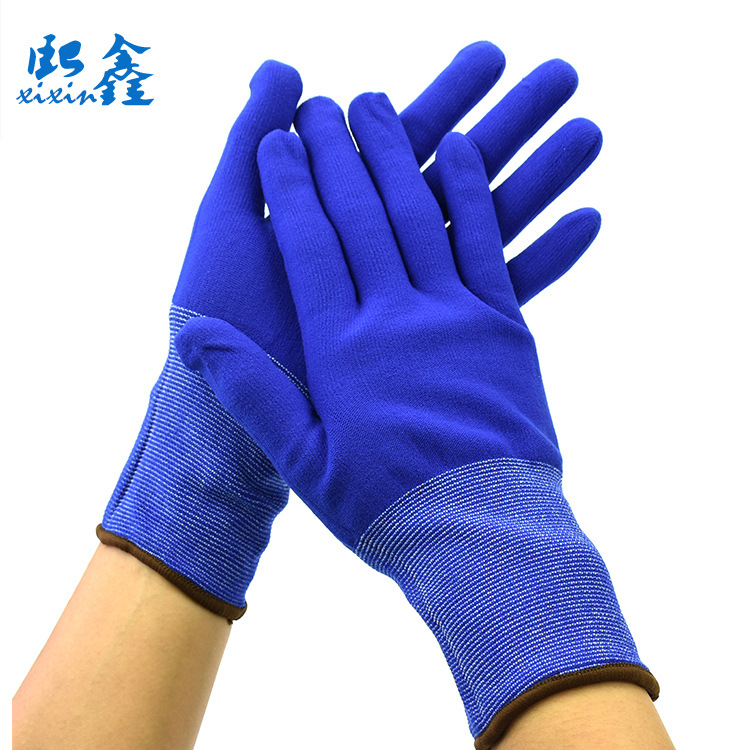 现货批发耐磨防滑工作手套15针宝蓝色尼龙加氨纶手套透气劳保手套