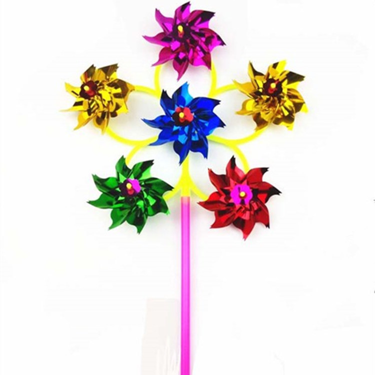 Six-wheel sequined windmill colorful plastic color traditional small windmill square stall hot sale children's toy small windmill
